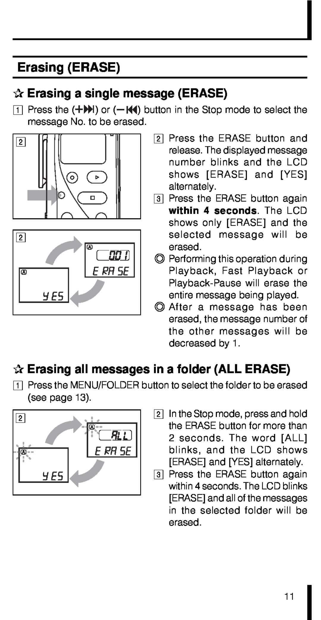 Olympus VN-180 manual Erasing ERASE Erasing a single message ERASE, Erasing all messages in a folder ALL ERASE 