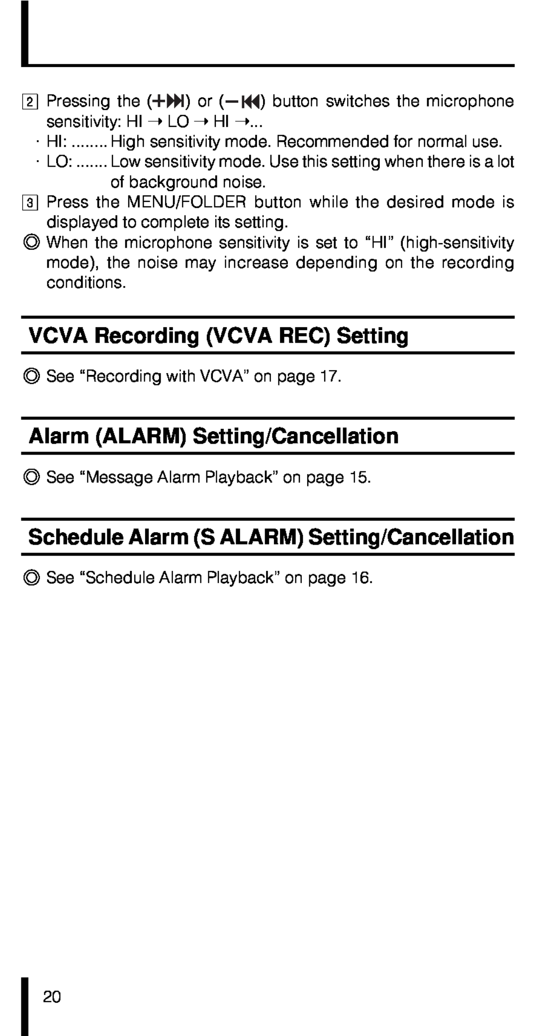 Olympus VN-180 manual VCVA Recording VCVA REC Setting, Alarm ALARM Setting/Cancellation 