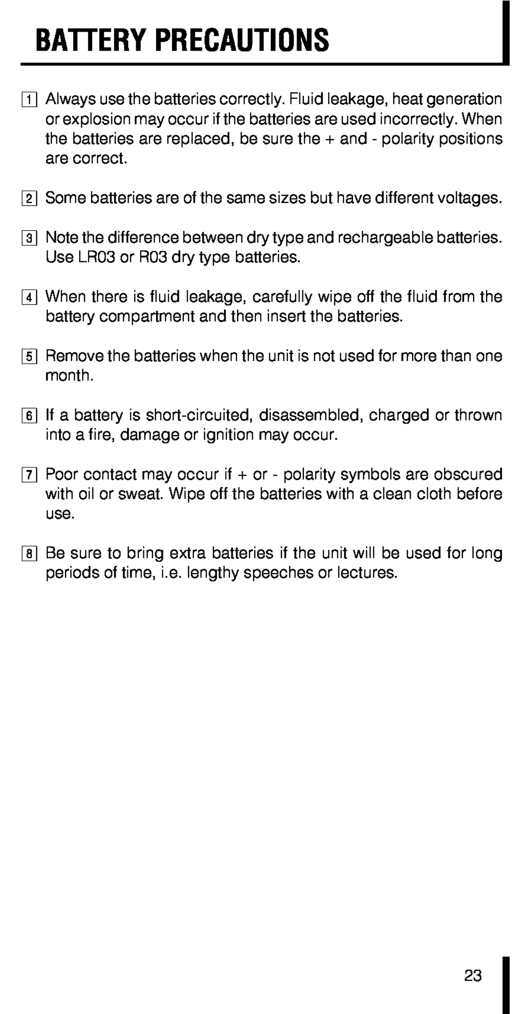 Olympus VN-180 manual Battery Precautions, Some batteries are of the same sizes but have different voltages 
