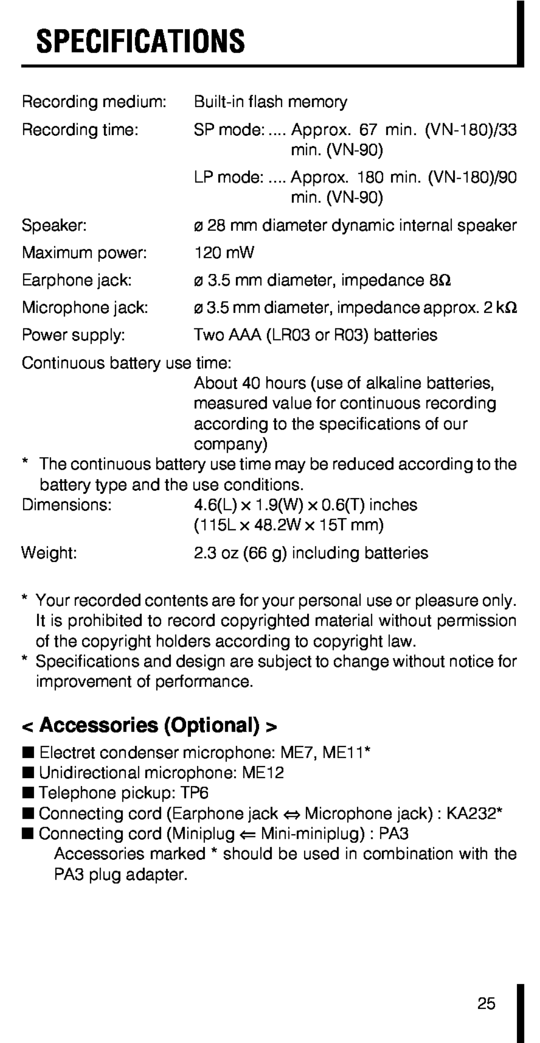 Olympus VN-180 manual Specifications, Accessories Optional 