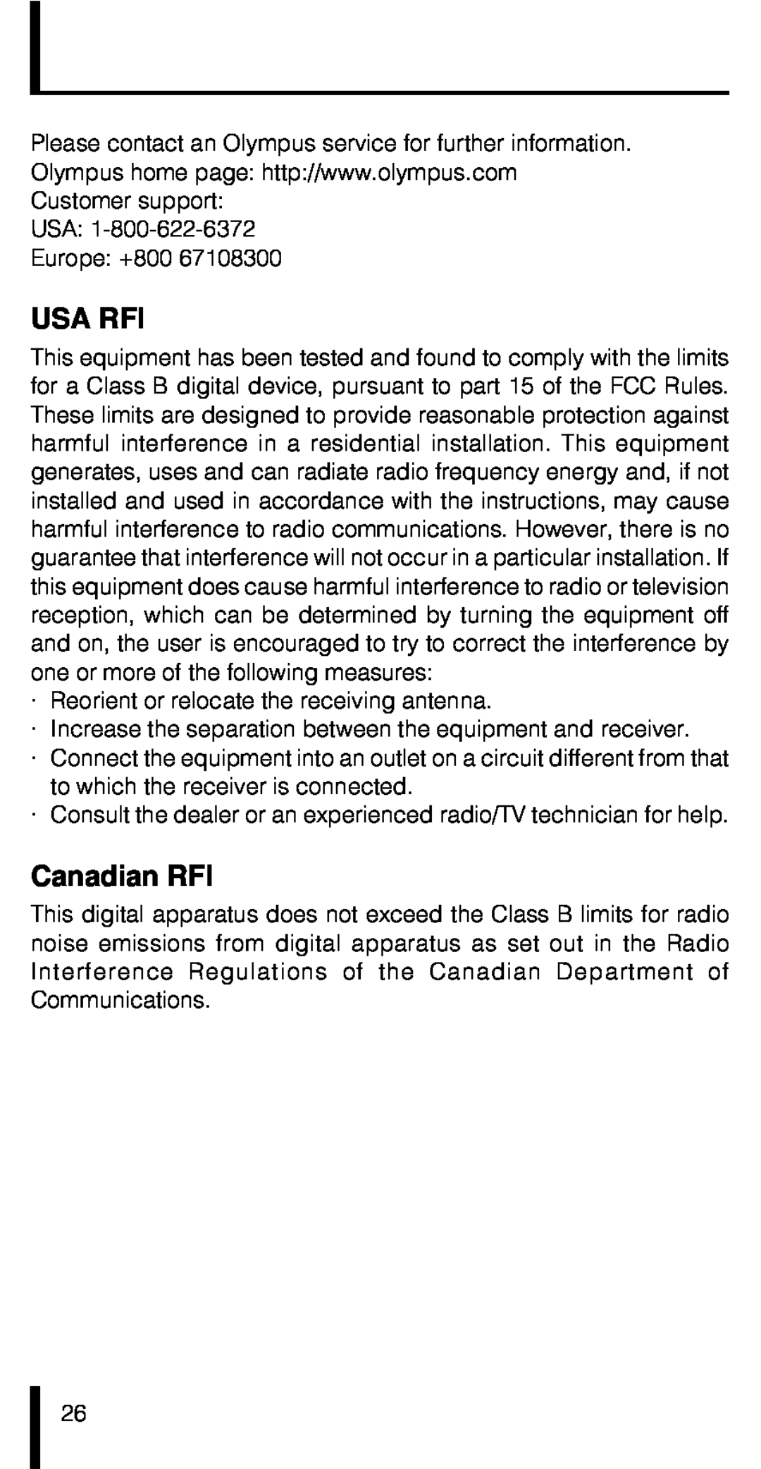 Olympus VN-180 manual Usa Rfi, Canadian RFI 