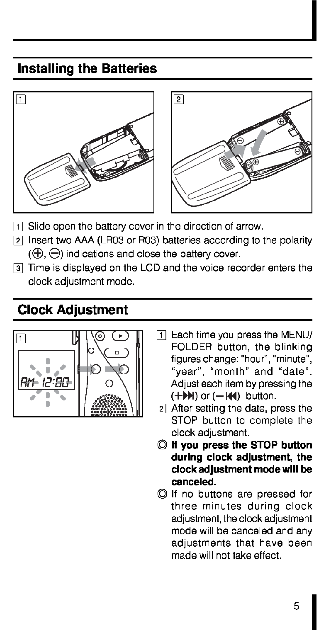 Olympus VN-180 manual Installing the Batteries, Clock Adjustment 