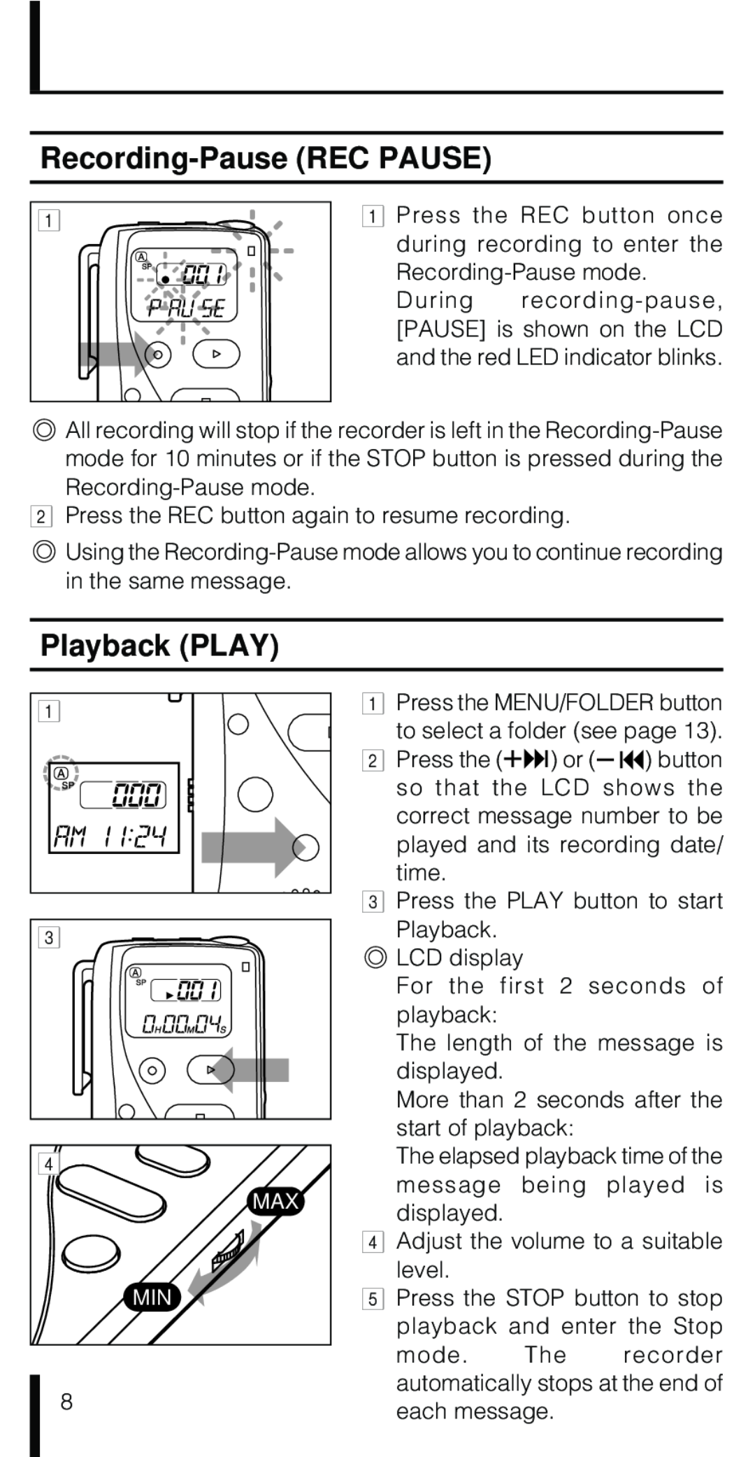 Olympus VN-180 manual Recording-Pause REC PAUSE, Playback PLAY 