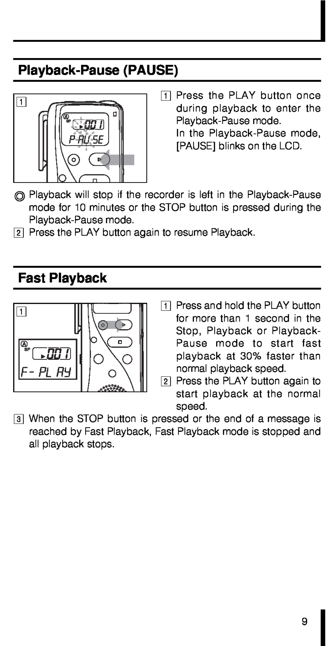 Olympus VN-180 manual Playback-Pause PAUSE, Fast Playback 