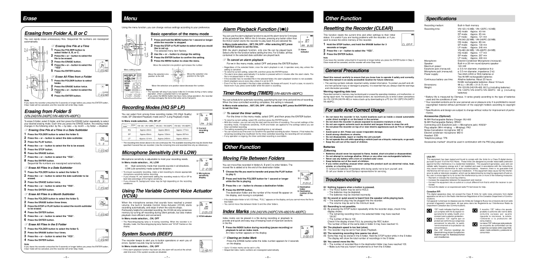 Olympus VN-280PC manual Specifications Erasing from Folder A, B or C, Alarm Playback Function, Resetting the Recorder Clear 