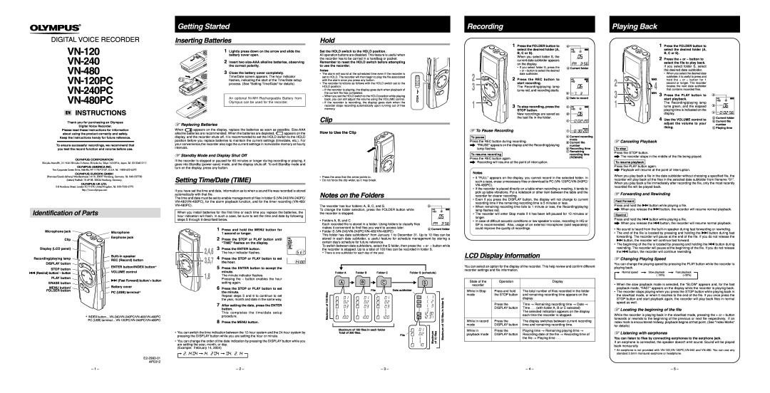 Olympus VN-280PC manual Getting Started, Recording, Playing Back, VN-120 VN-240 VN-480 VN-120PC VN-240PC VN-480PC, 2,4,6 
