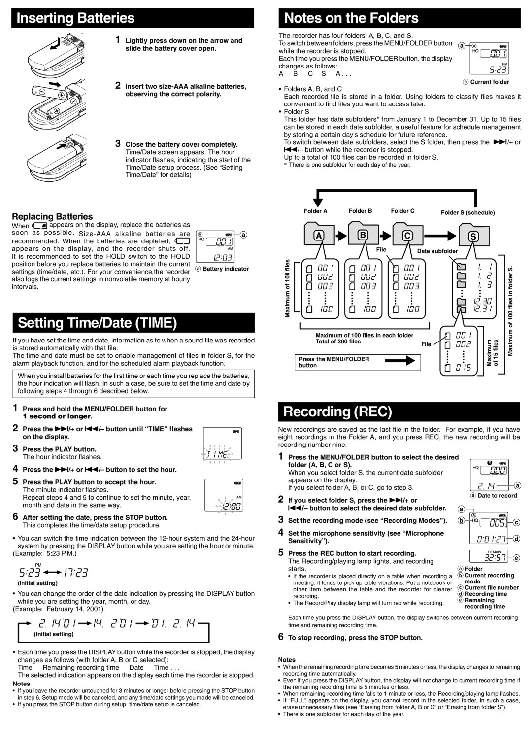 Olympus VN-3600, VN-1800 manual Inserting Batteries, Setting Time/Date Time, Recording REC, Replacing Batteries 