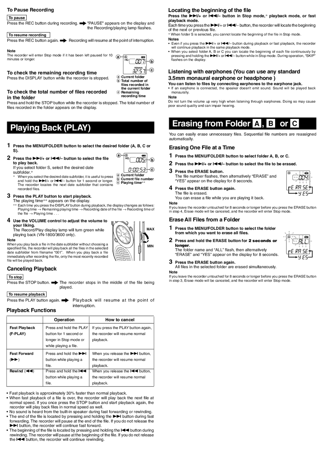 Olympus VN-1800, VN-3600 manual Playing Back Play, Erasing from Folder A, B or C 