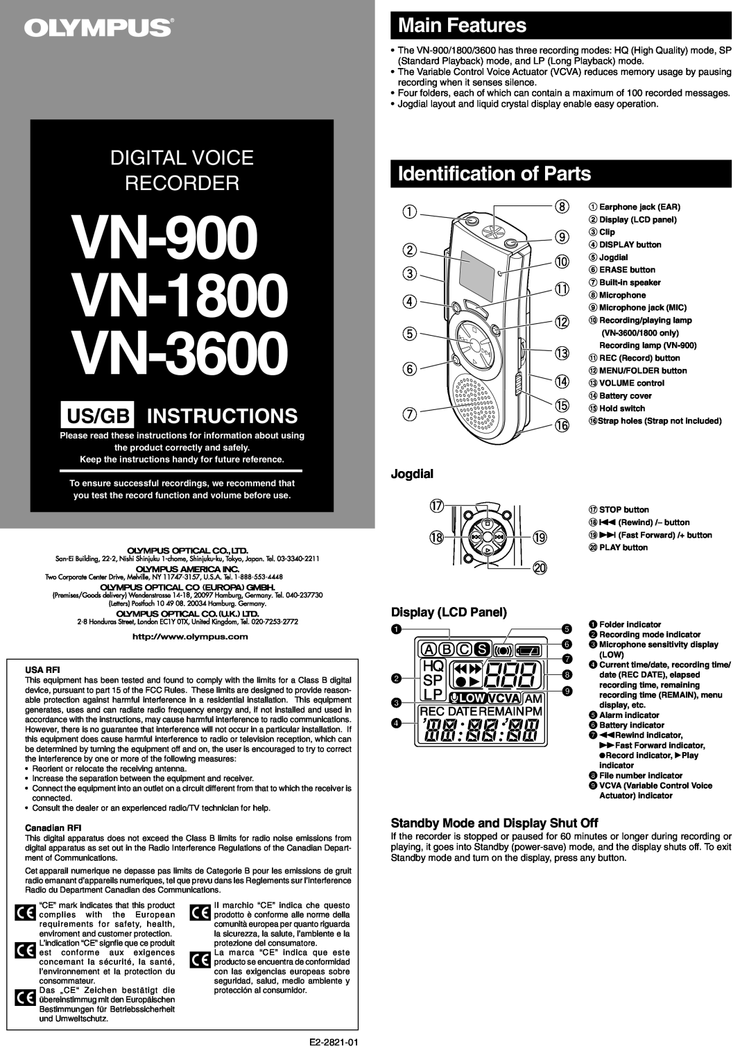 Olympus VN-1800, VN-3600 manual Us/Gb Instructions, Main Features, Identification of Parts, Jogdial, Display LCD Panel 