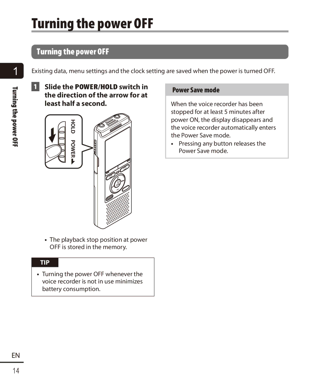 Olympus VN-722PC, VN-721PC user manual Turning the power OFF, Power Save mode 