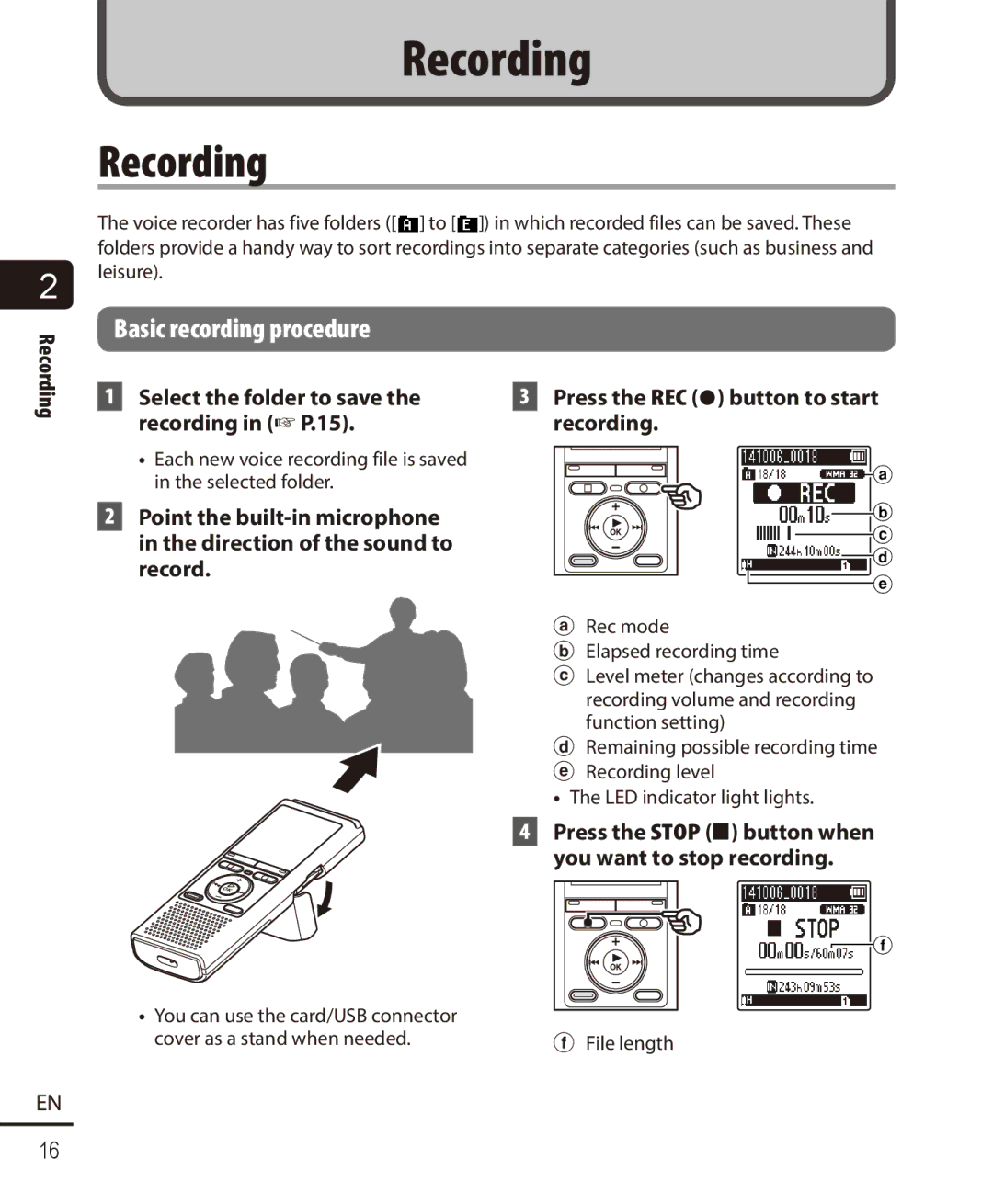 Olympus VN-722PC, VN-721PC user manual Recording, Basic recording procedure, Press the REC s button to start recording 