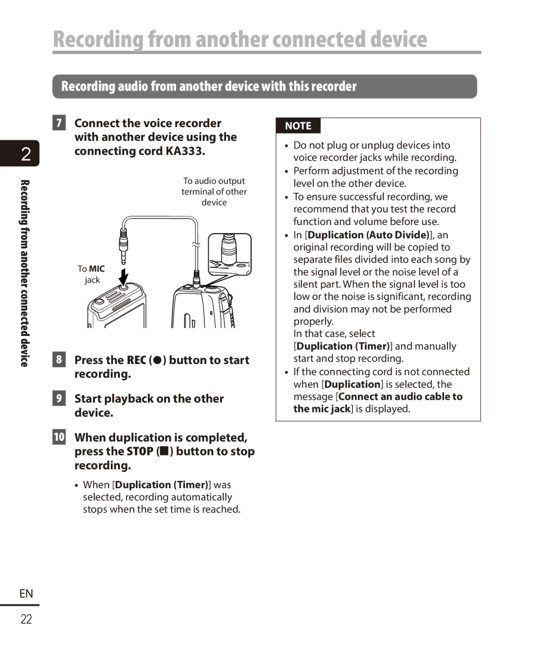 Olympus VN-722PC Recording from another connected device, Duplication Timer and manually start and stop recording 