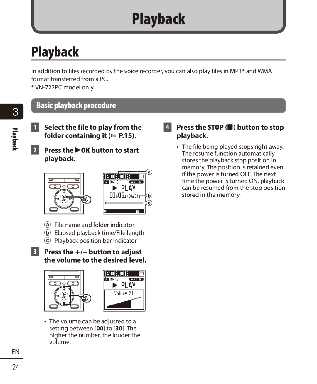 Olympus VN-722PC, VN-721PC user manual Playback, Basic playback procedure, Press the `OK button to start playback 