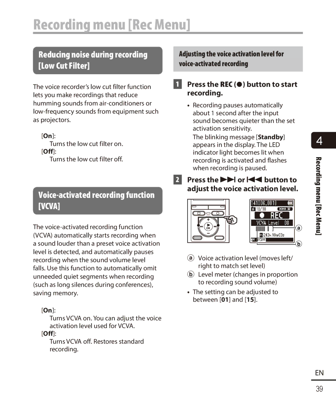 Olympus VN-721PC, VN-722PC Recording menu Rec Menu, Reducing noise during recording Low Cut Filter, Menu Rec Menu 