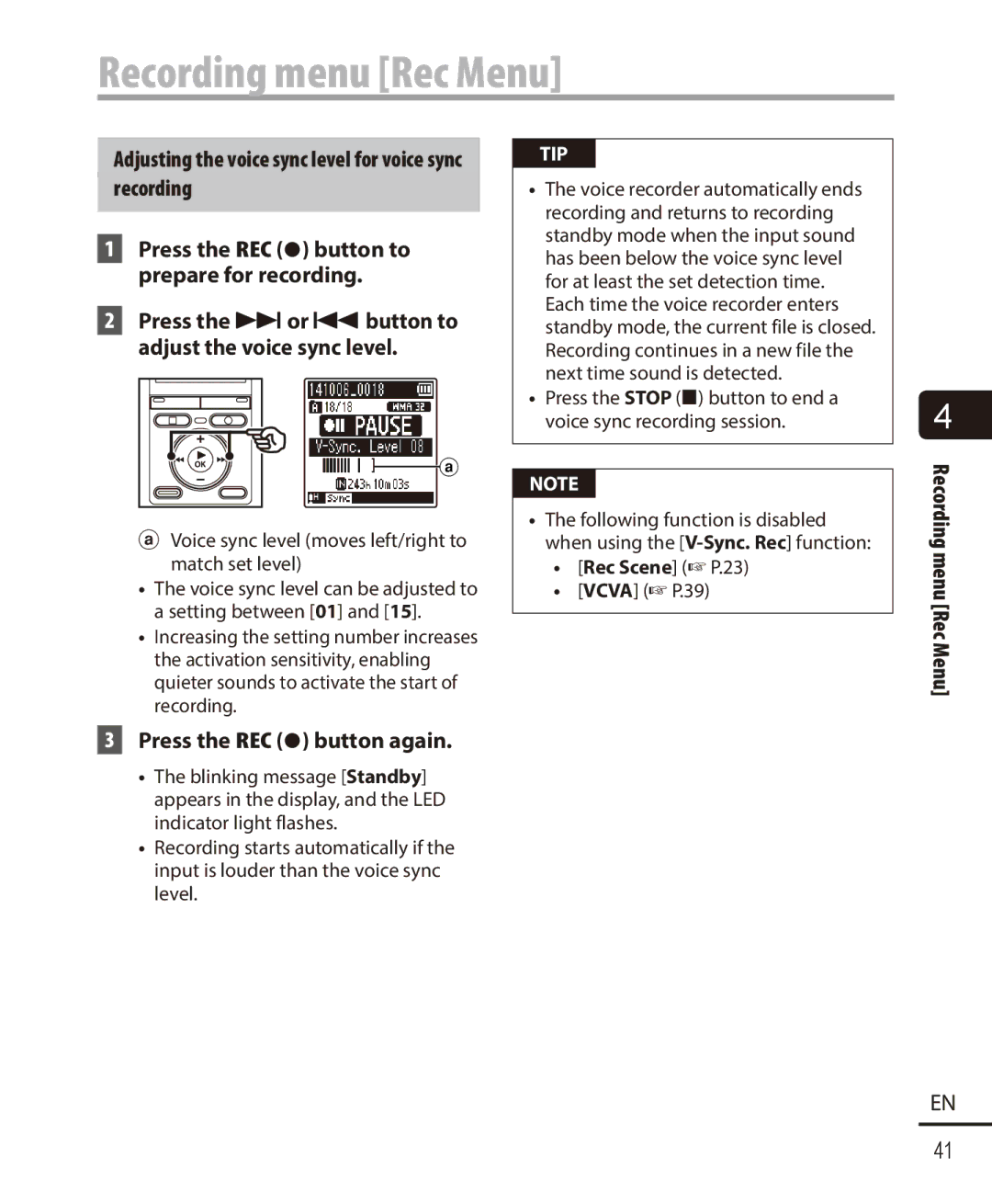 Olympus VN-721PC, VN-722PC user manual Adjusting the voice sync level for voice sync recording, Press the REC s button again 