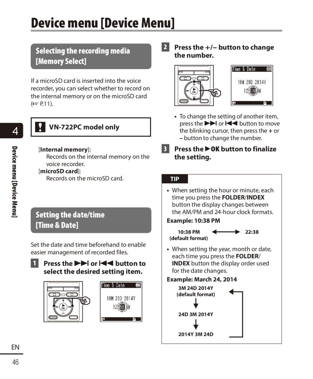 Olympus VN-722PC, VN-721PC user manual Device menu Device Menu, Selecting the recording media Memory Select 