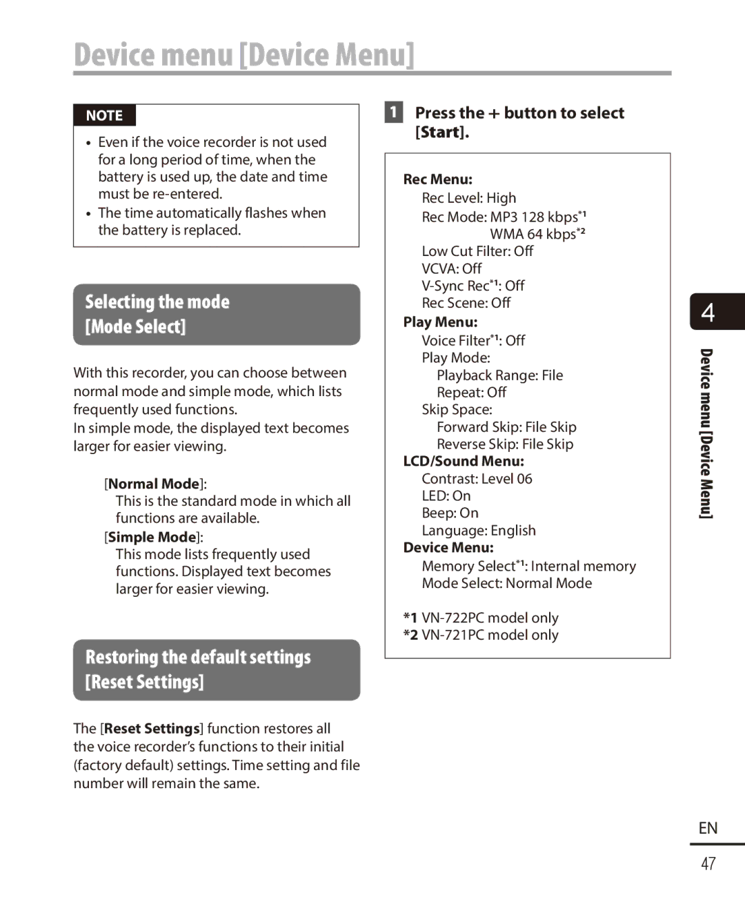 Olympus VN-721PC, VN-722PC user manual Device menu Device Menu, Restoring the default settings Reset Settings 