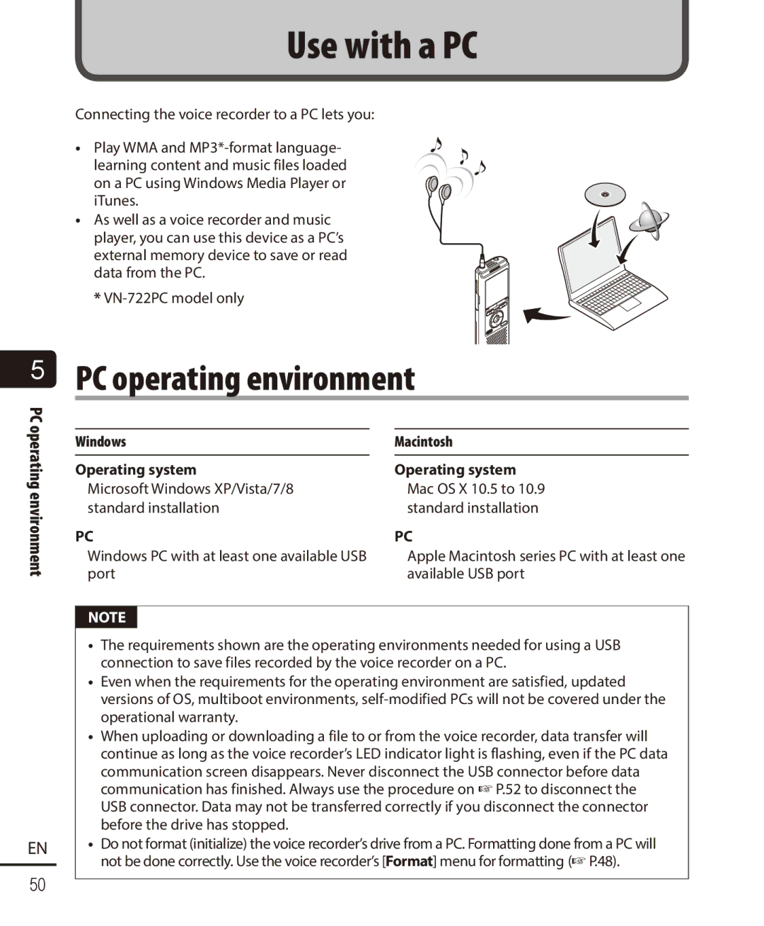 Olympus VN-722PC, VN-721PC user manual PC operating environment Windows Operating system, Macintosh Operating system 