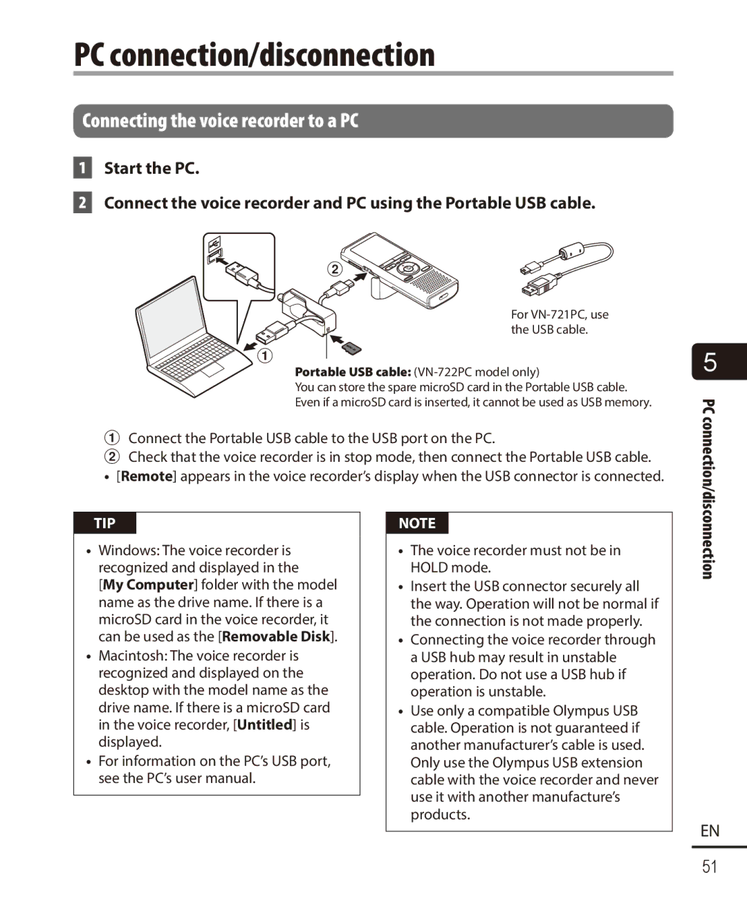 Olympus VN-721PC, VN-722PC user manual PC connection/disconnection, Connecting the voice recorder to a PC 