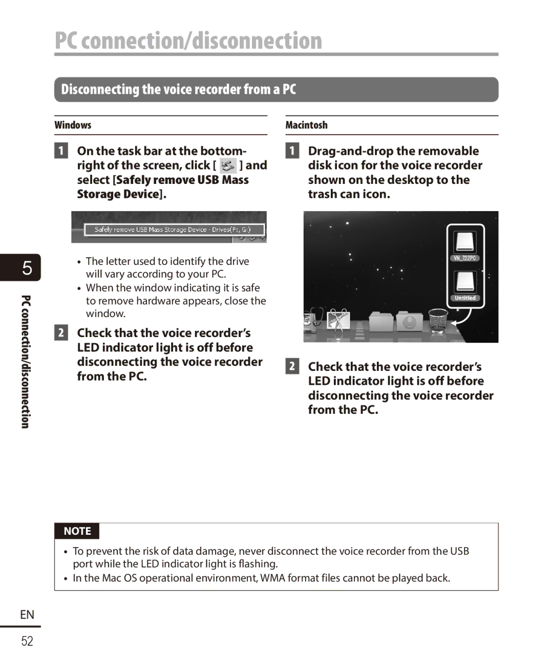 Olympus VN-722PC, VN-721PC user manual PC connection/disconnection, Disconnecting the voice recorder from a PC, Macintosh 