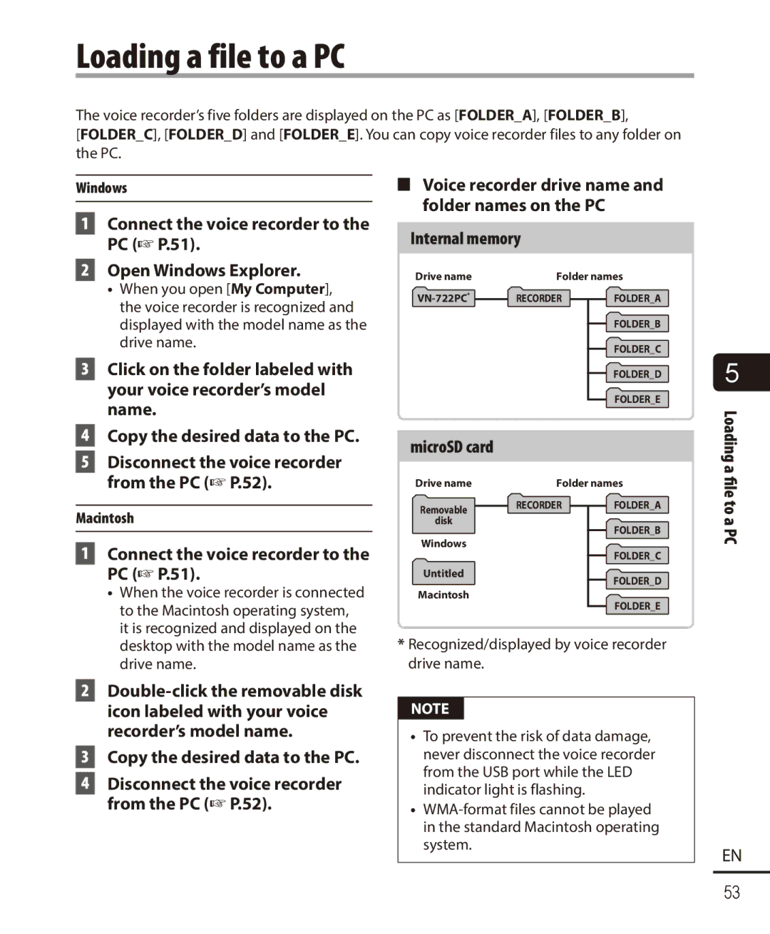 Olympus VN-721PC Loading a file to a PC, Connect the voice recorder to the PC P.51, Internal memory Open Windows Explorer 