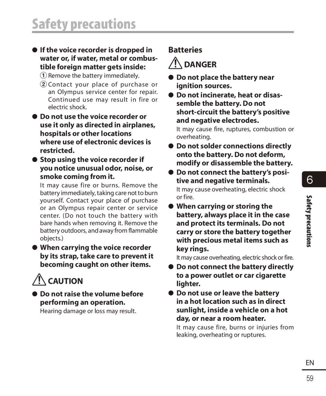 Olympus VN-721PC, VN-722PC user manual Safety precautions, Do not place the battery near ignition sources 