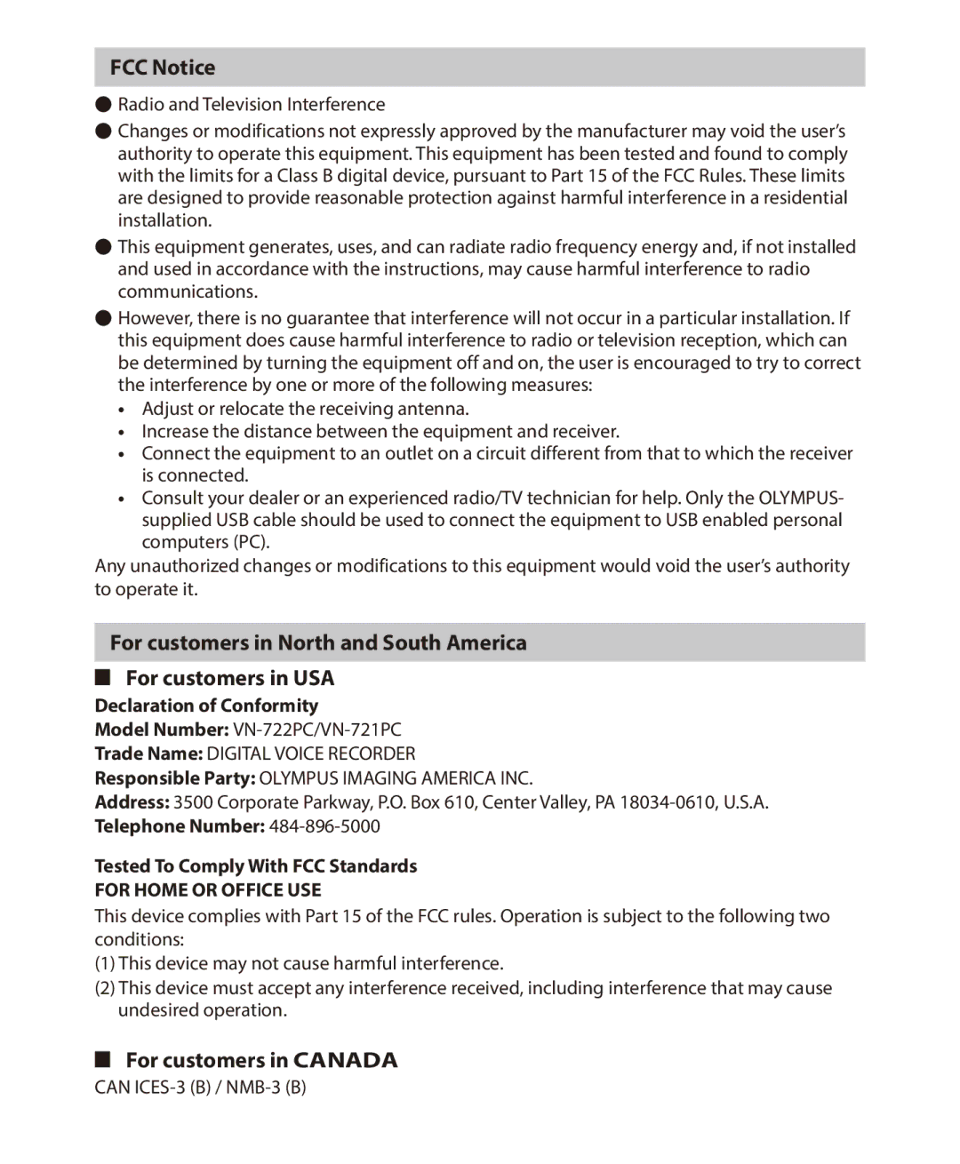 Olympus VN-722PC, VN-721PC user manual FCC Notice, For customers in Canada, Declaration of Conformity 