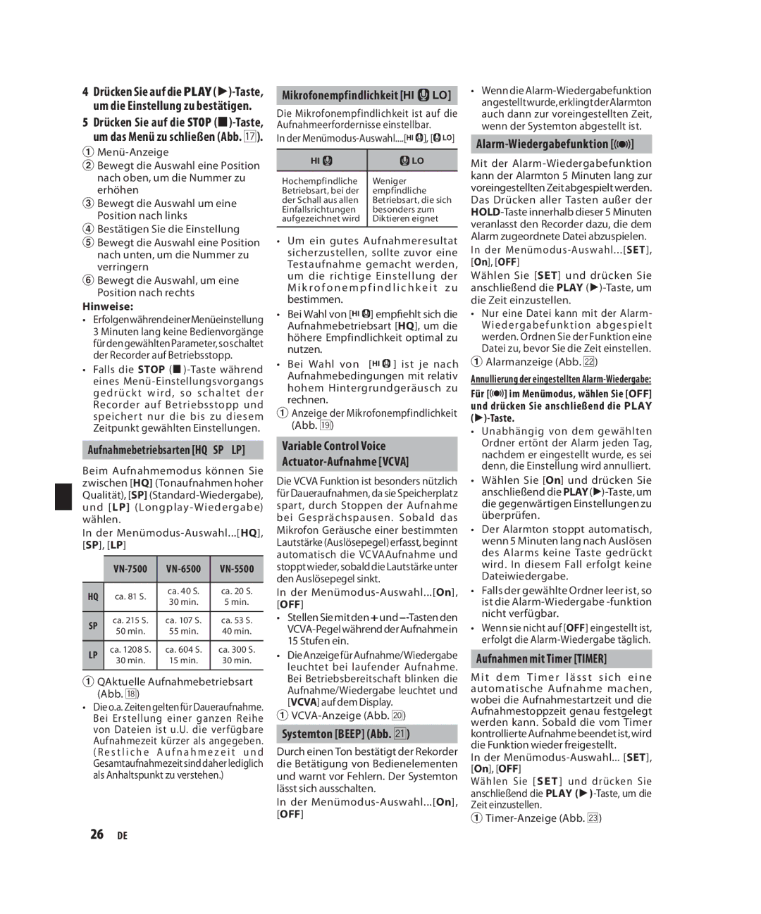 Olympus VN-5500, VN-7500 Mikrofonempfindlichkeit h, Variable Control Voice Actuator-Aufnahme Vcva, Systemton Beep Abb. a 