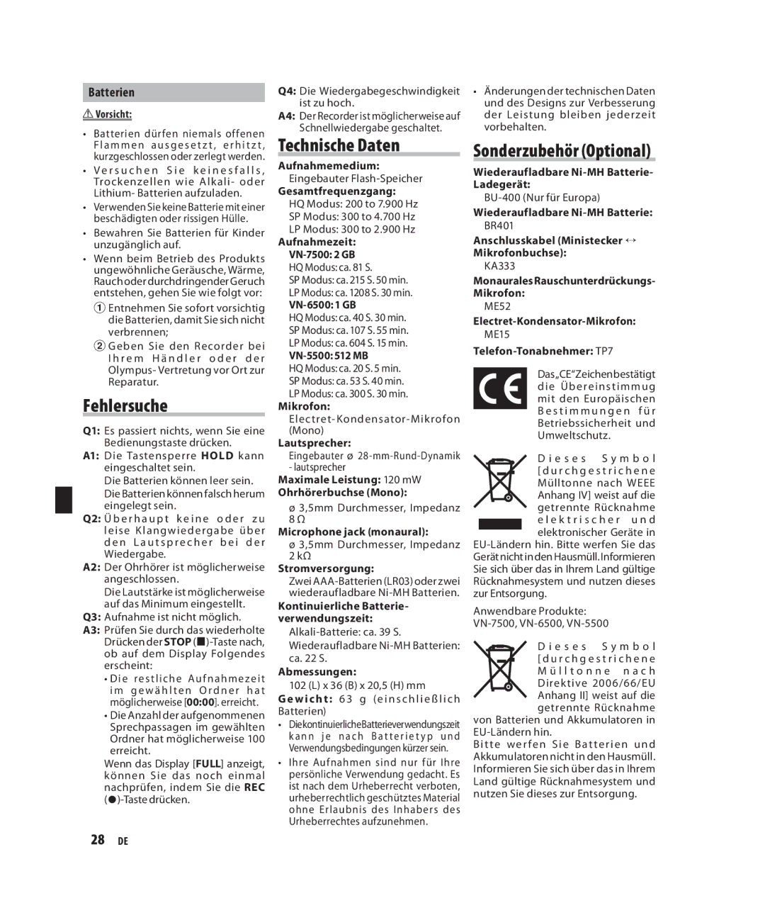 Olympus VN-6500, VN-7500, VN-5500 manual Fehlersuche, Technische Daten, Sonderzubehör Optional, Batterien 