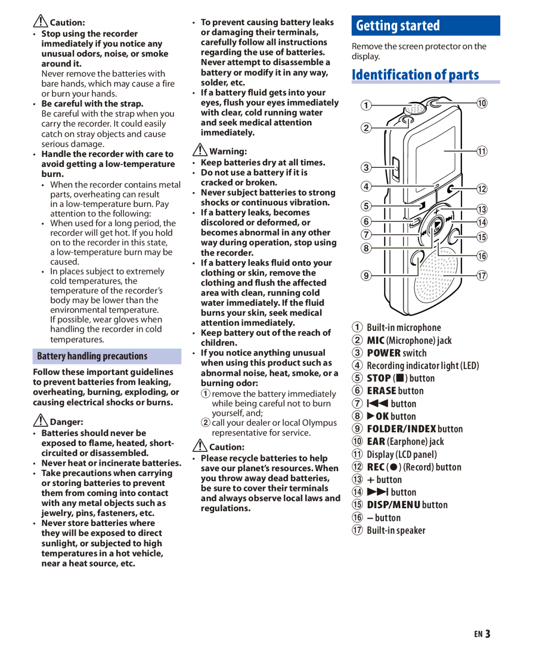 Olympus VN600, VN-770 manual Getting started, Identification of parts, Battery handling precautions 