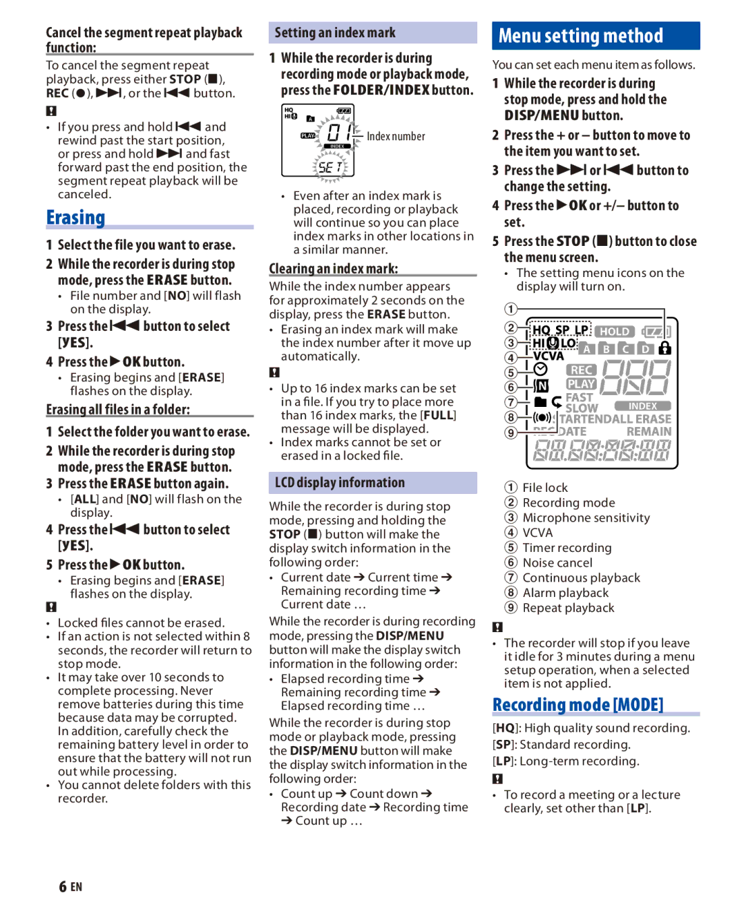 Olympus VN-770, VN600 manual Erasing, Menu setting method, Recording mode Mode 