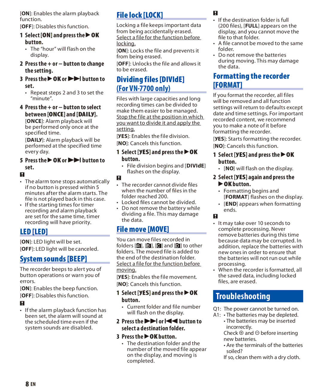 Olympus VN-770, VN600 Troubleshooting, System sounds Beep, File lock Lock, File move Move, Formatting the recorder Format 