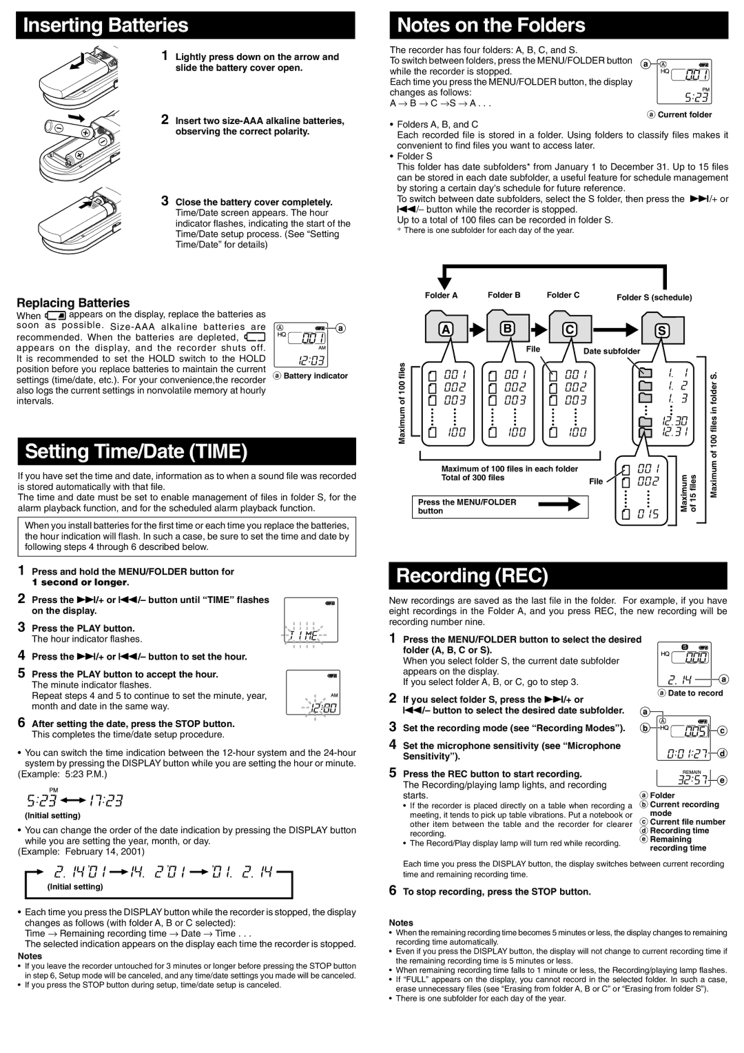 Olympus VN-1800, VN-900, VN-3600 manual Inserting Batteries, Setting Time/Date Time, Recording REC, Replacing Batteries 