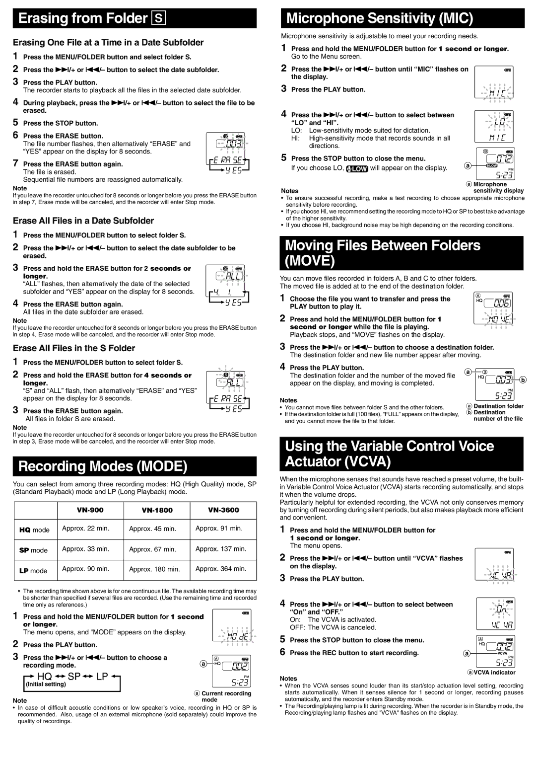 Olympus VN-3600, VN-900, VN-1800 manual Erasing from Folder S, Recording Modes Mode, Microphone Sensitivity MIC 