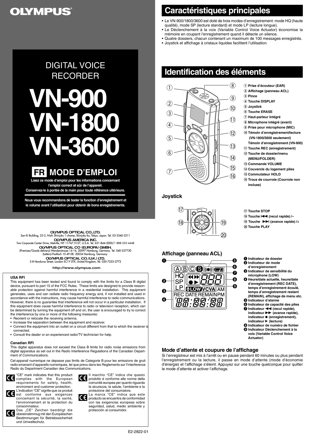 Olympus VN-3600, VN-900 manual Caractéristiques principales, Identification des éléments, Joystick, Affichage panneau ACL 