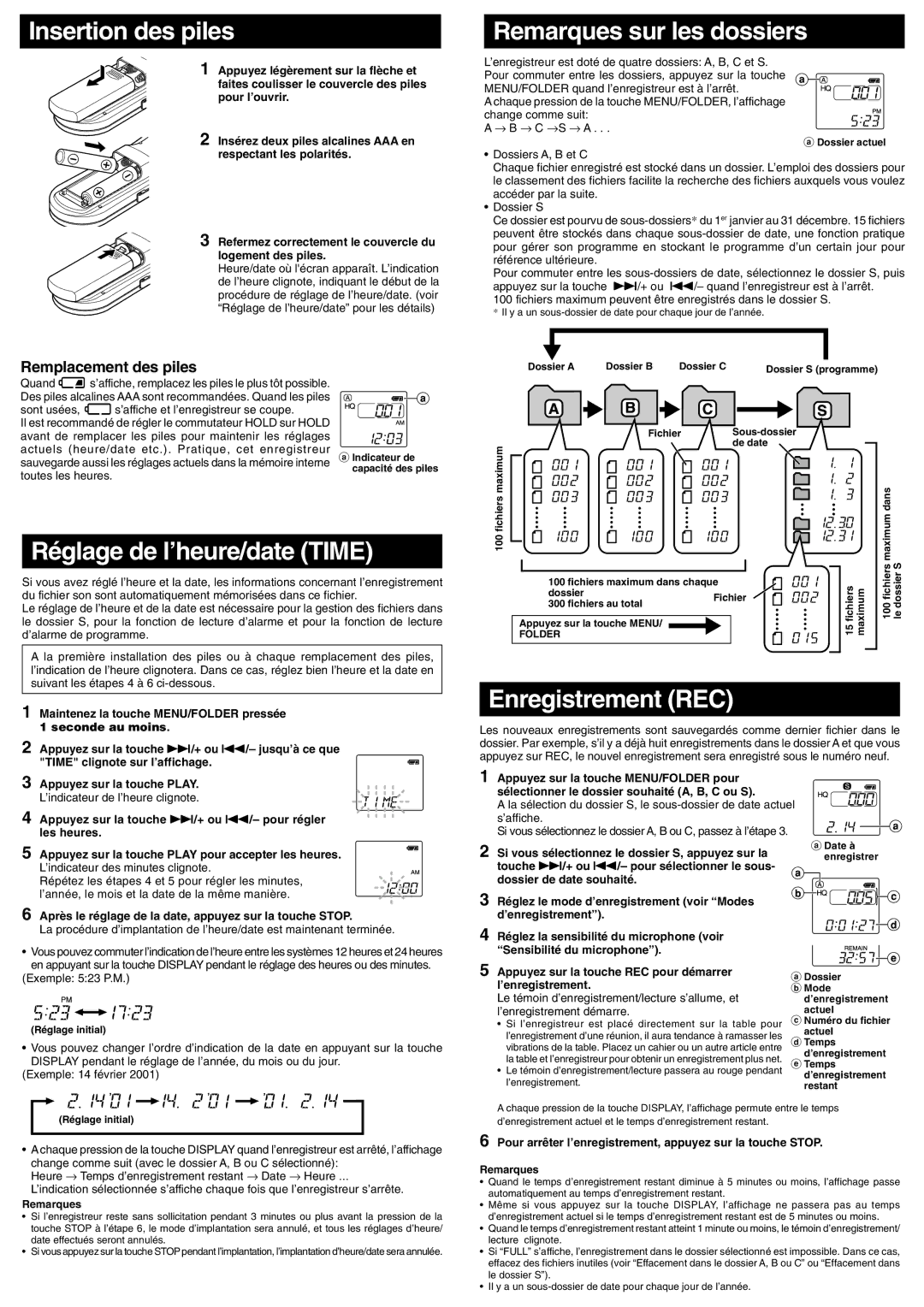 Olympus VN-1800, VN-900 Insertion des piles, Remarques sur les dossiers, Réglage de l’heure/date Time, Enregistrement REC 