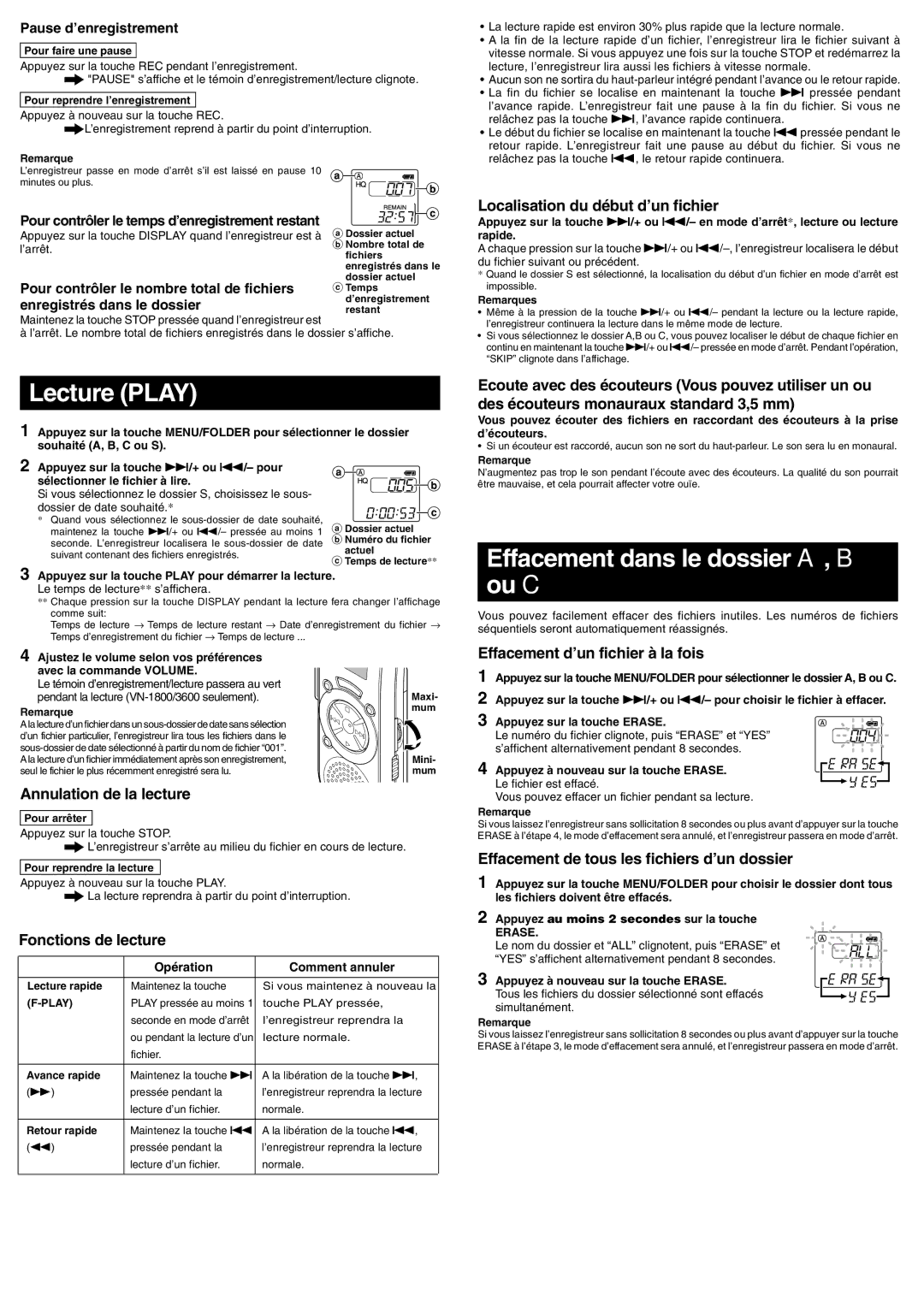 Olympus VN-900, VN-3600, VN-1800 manual Lecture Play, Effacement dans le dossier A, B, Ou C 