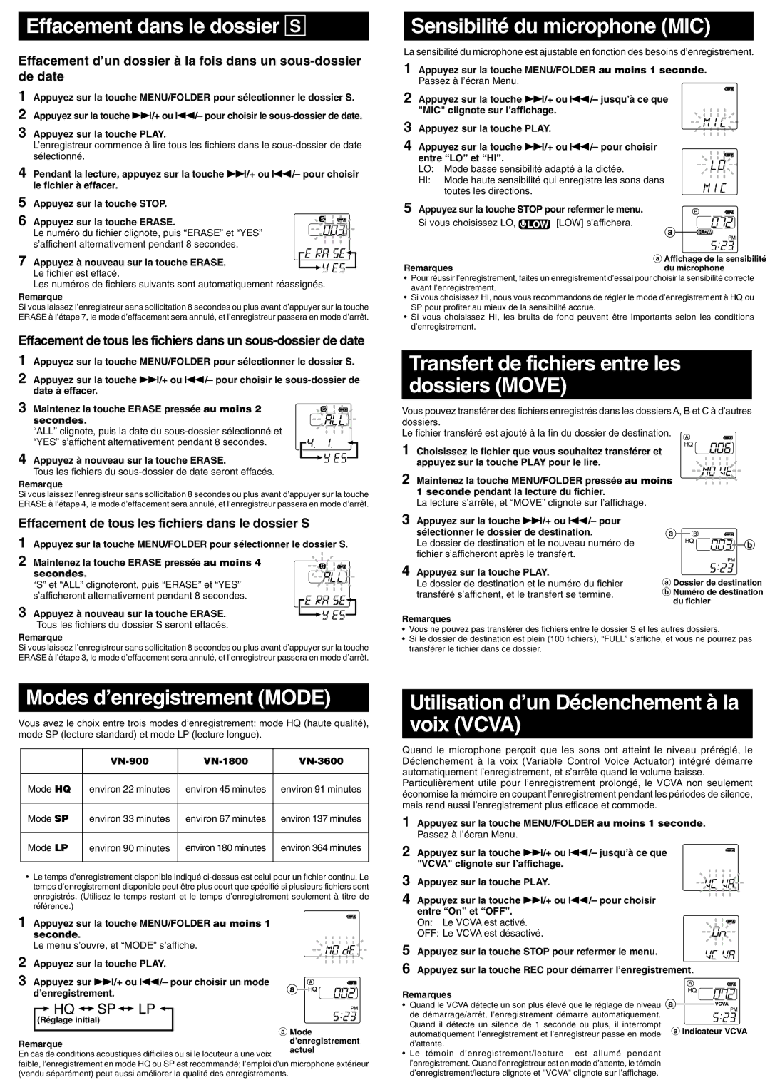 Olympus VN-3600 Effacement dans le dossier S, Sensibilité du microphone MIC, Transfert de fichiers entre les Dossiers Move 