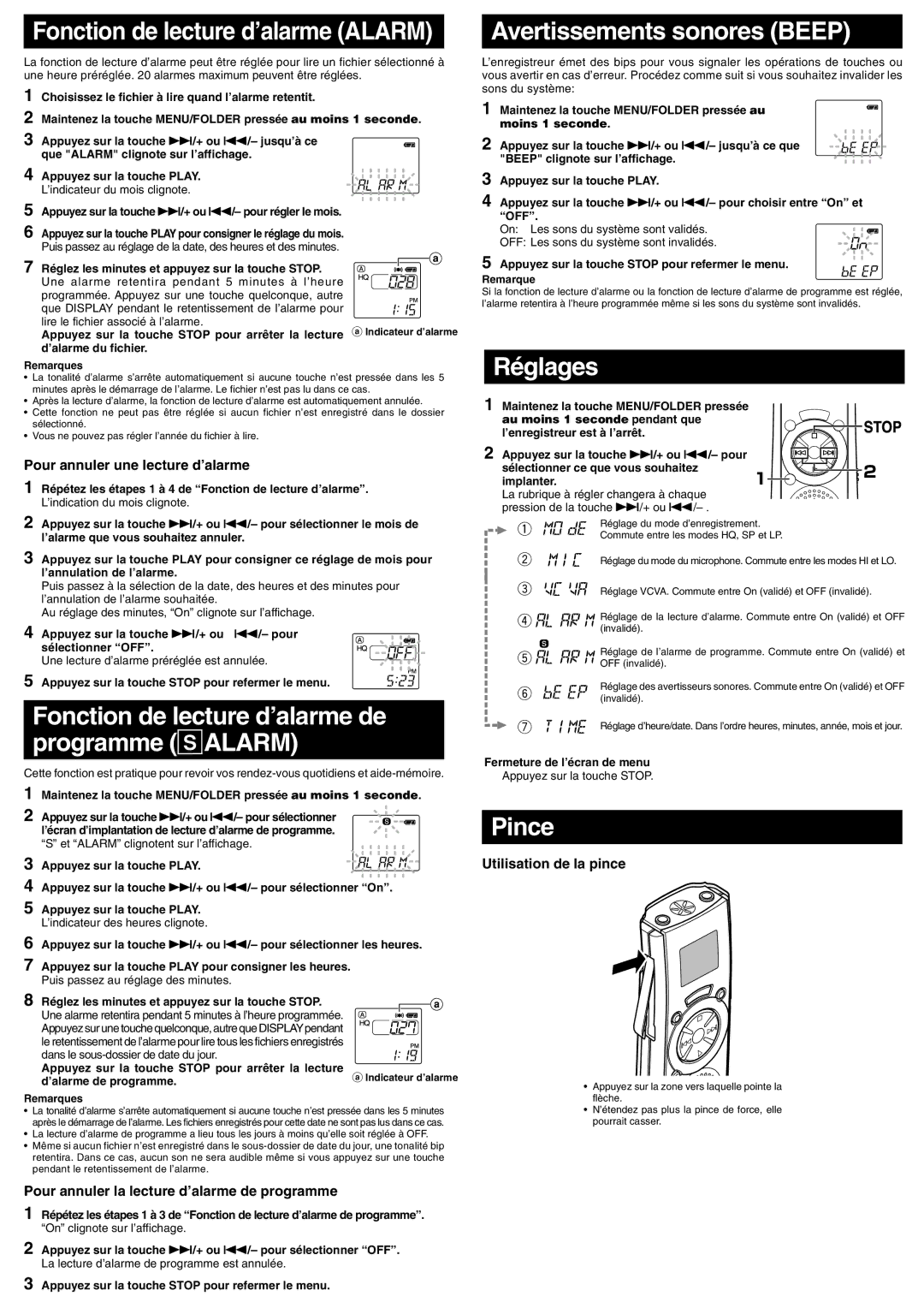 Olympus VN-1800, VN-900, VN-3600 manual Fonction de lecture d’alarme Alarm, Avertissements sonores Beep, Réglages, Pince 