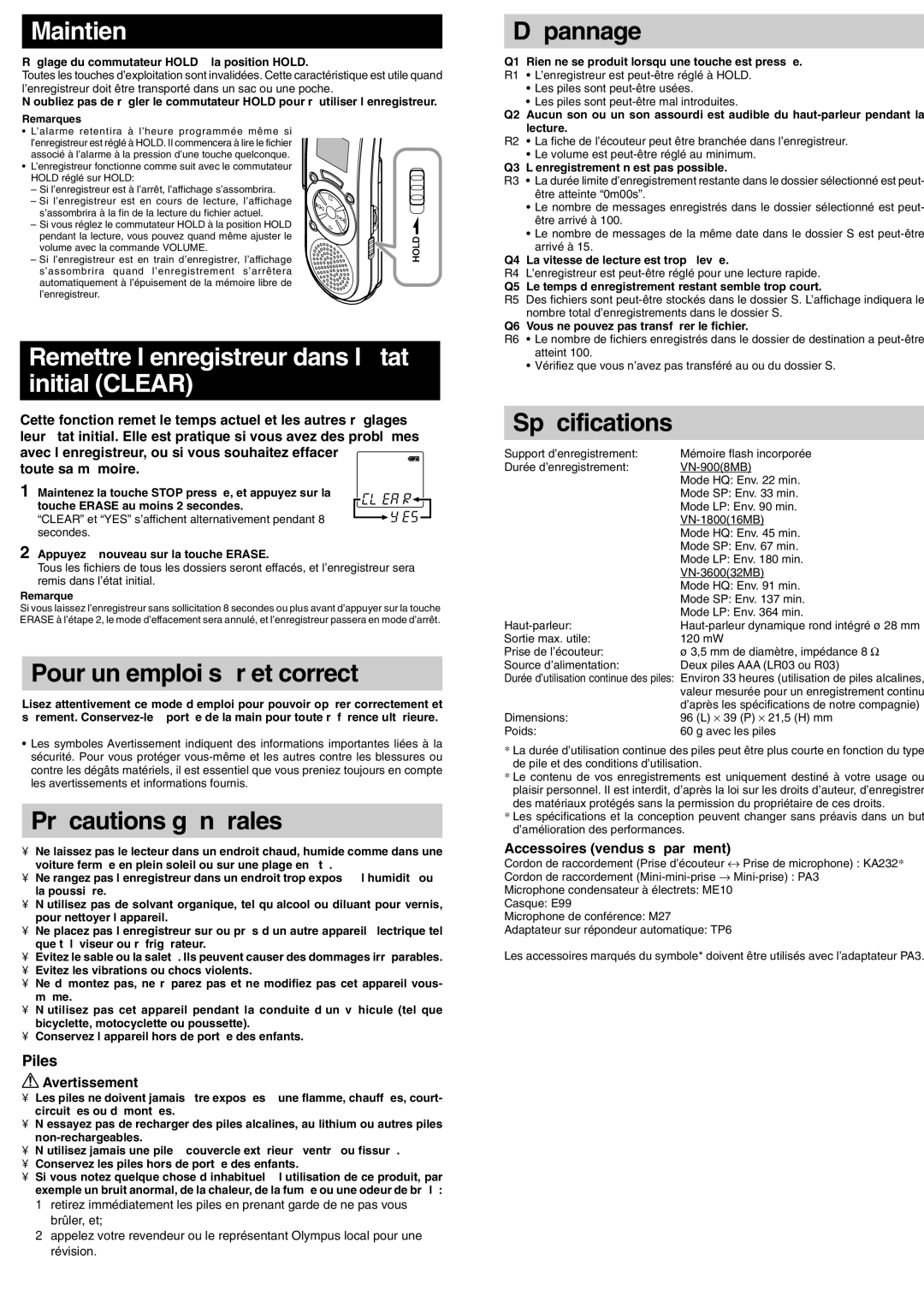 Olympus VN-900, VN-3600, VN-1800 manual Maintien, Remettre l’enregistreur dans l’état Initial Clear, Piles, Avertissement 