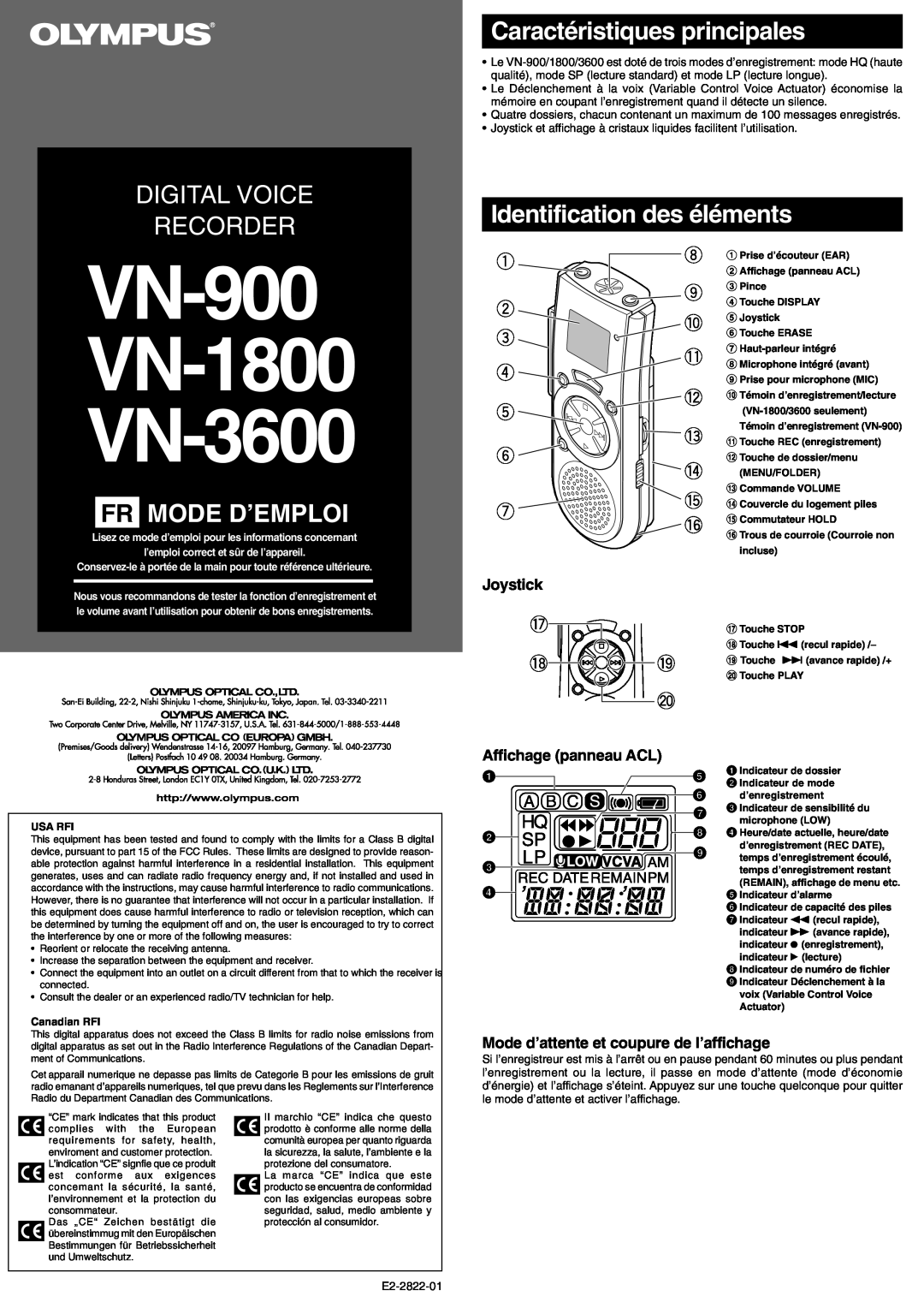 Olympus VN-3600, VN-900 manual Fr Mode D’Emploi, Caractéristiques principales, Identification des éléments, Joystick 