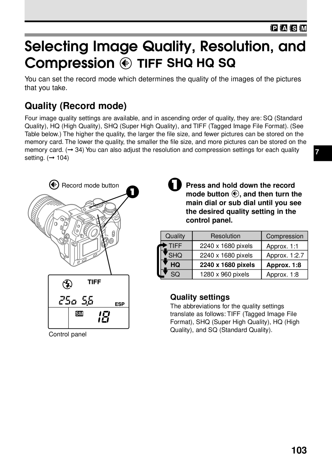 Olympus VT1621-01 manual Selecting Image Quality, Resolution, and Compression, Quality Record mode, 103, Quality settings 