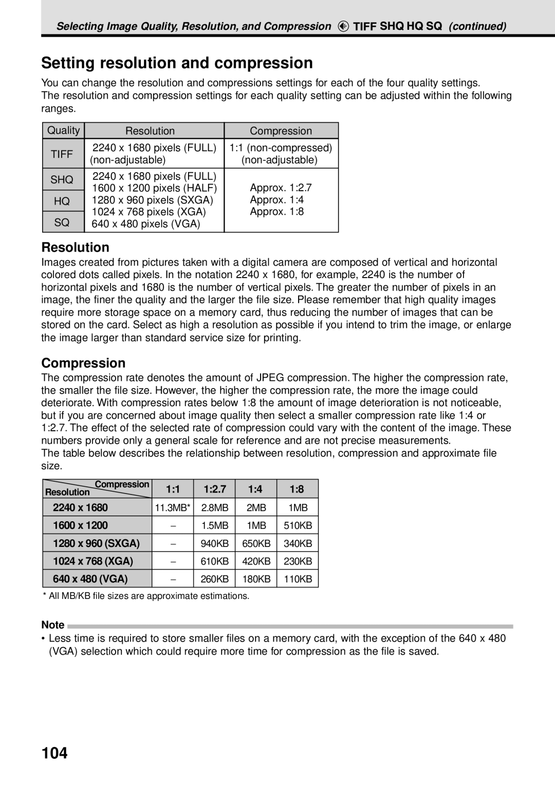 Olympus VT1621-01 manual Setting resolution and compression, 104, Resolution, Compression 