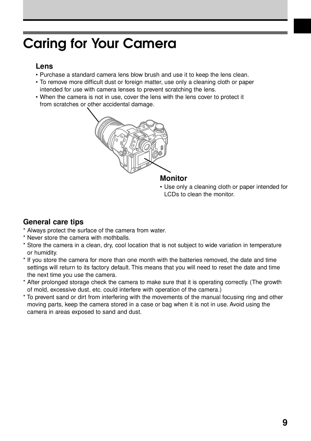 Olympus VT1621-01 manual Caring for Your Camera, Lens, Monitor, General care tips 