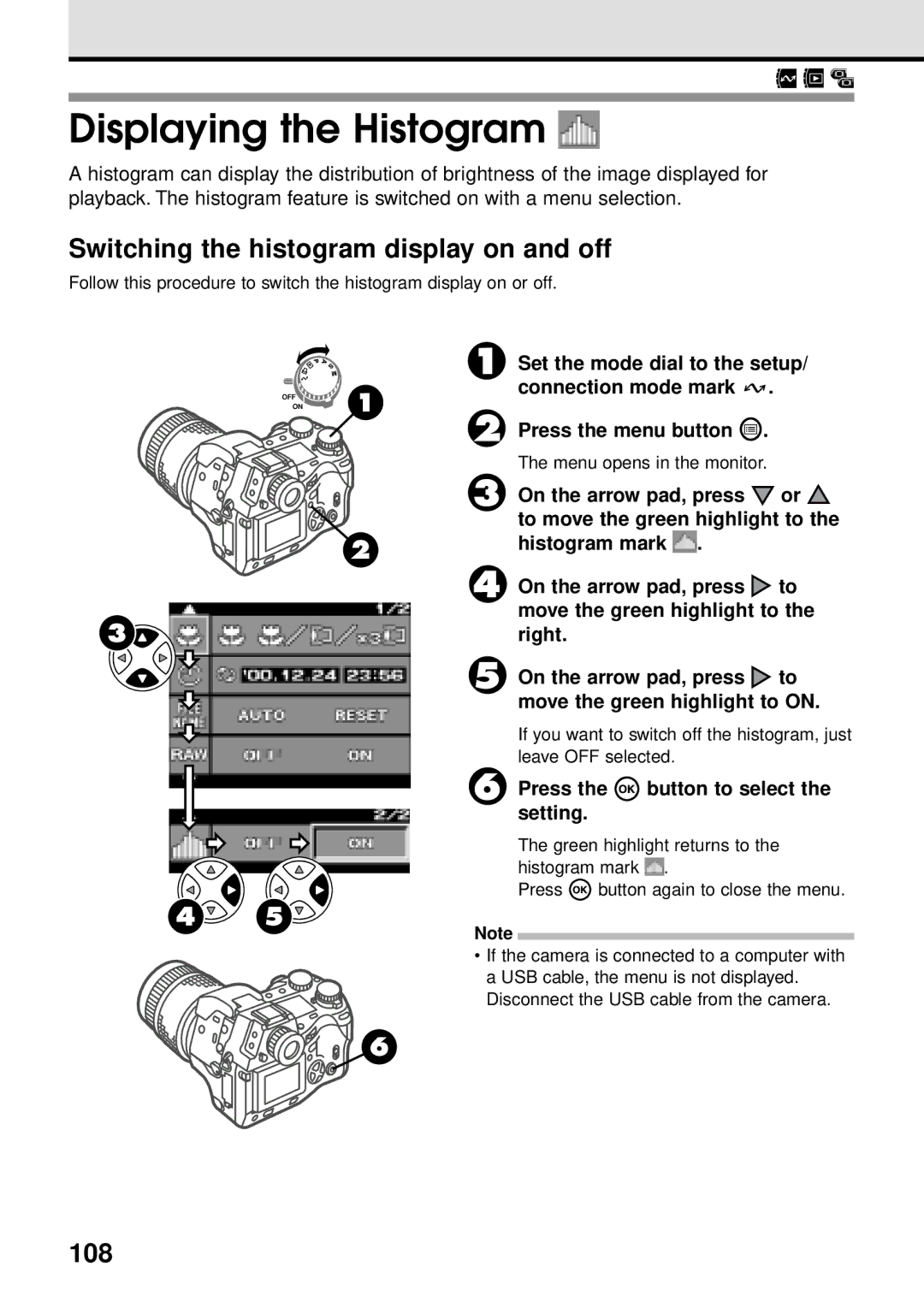 Olympus VT1621-01 manual Displaying the Histogram, Switching the histogram display on and off, 108 