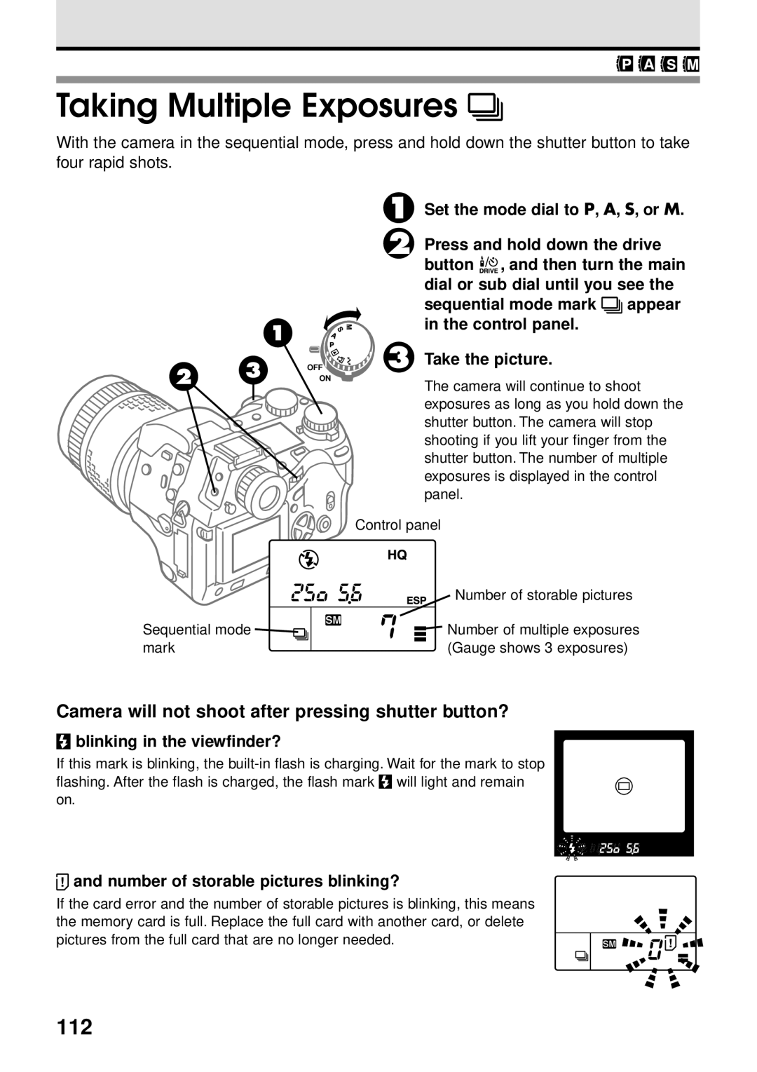 Olympus VT1621-01 manual Taking Multiple Exposures, 112, Camera will not shoot after pressing shutter button? 