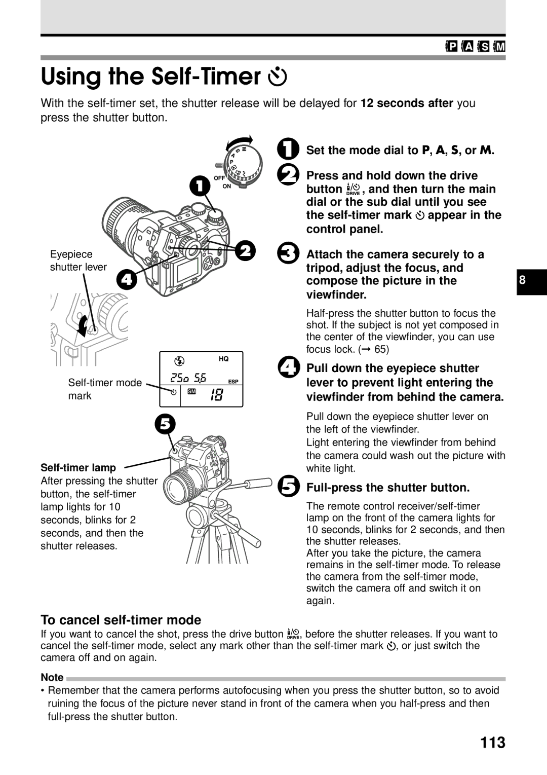 Olympus VT1621-01 manual Using the Self-Timer, 113, To cancel self-timer mode, Self-timer lamp 