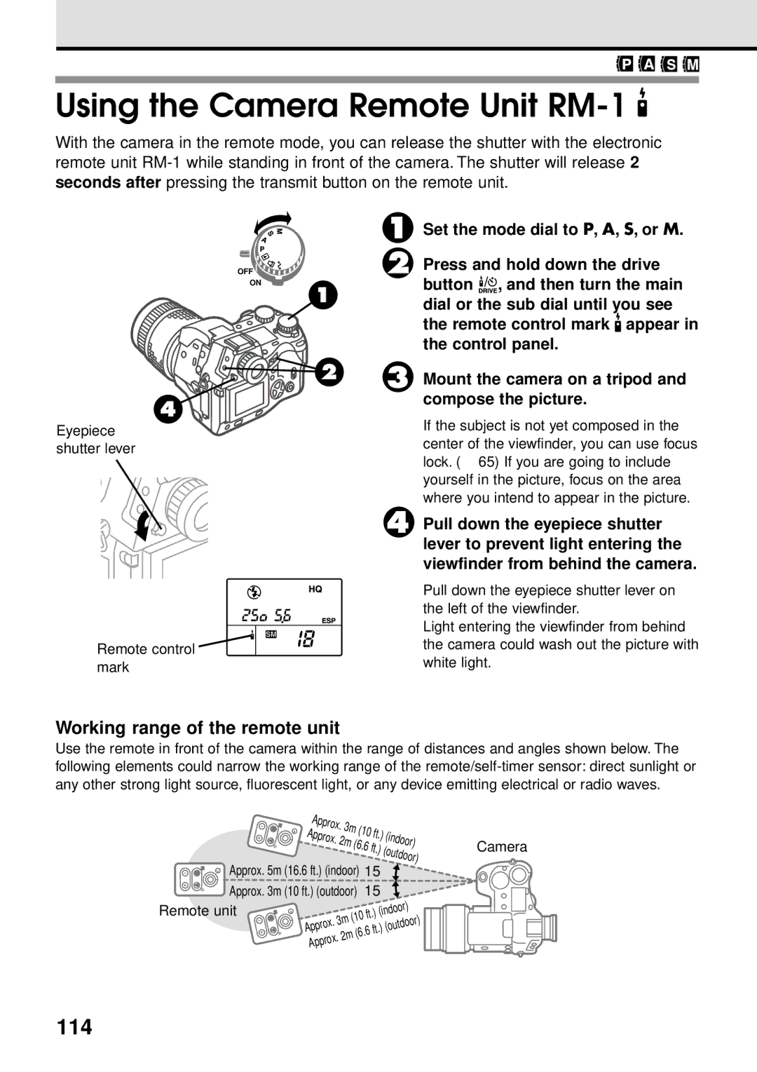 Olympus VT1621-01 manual Using the Camera Remote Unit RM-1, 114, Working range of the remote unit 