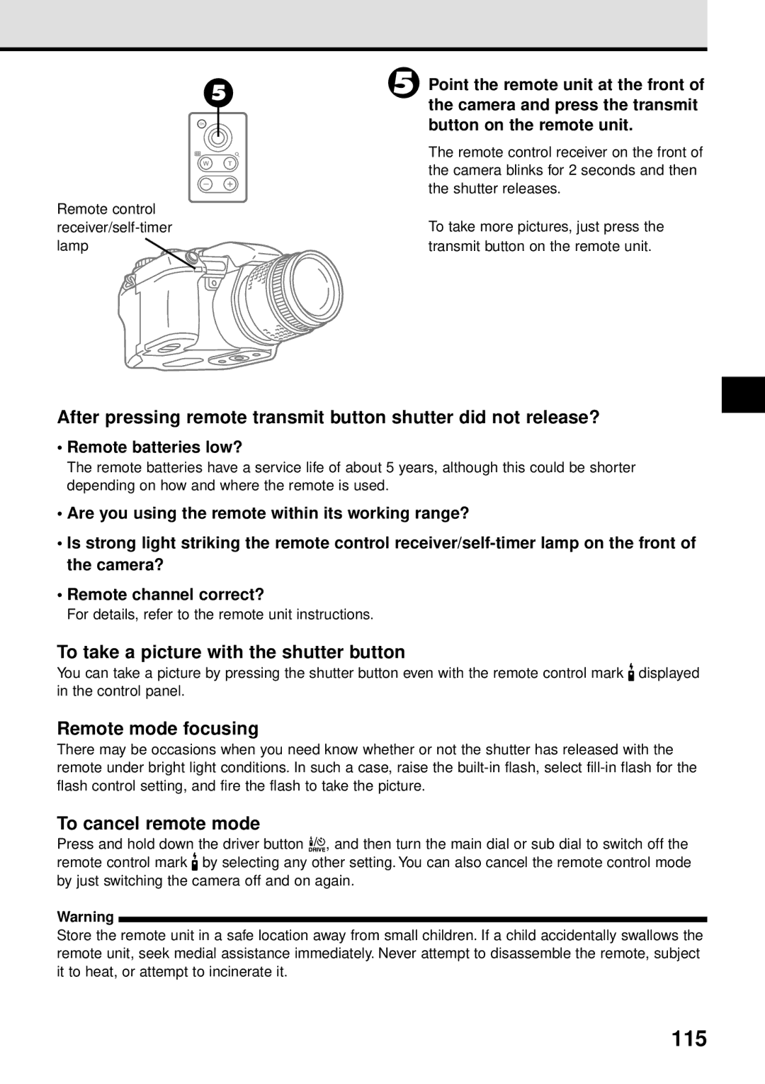 Olympus VT1621-01 manual 115, To take a picture with the shutter button, Remote mode focusing, To cancel remote mode 