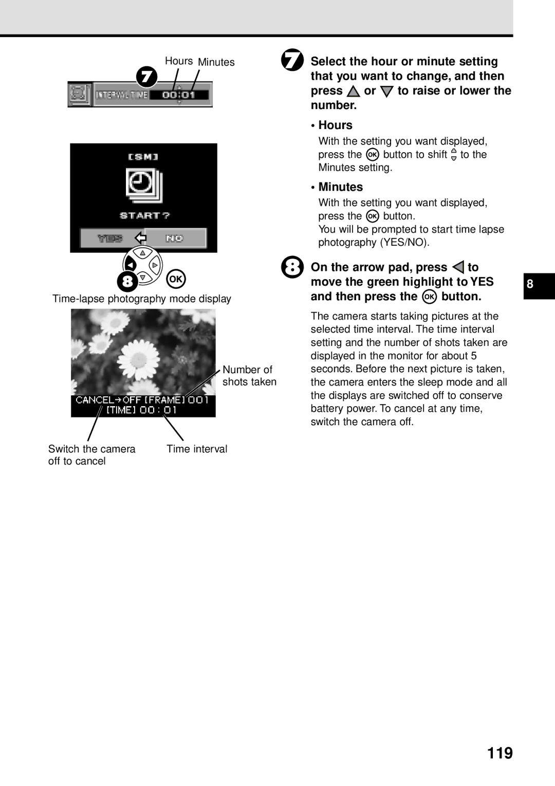 Olympus VT1621-01 manual 119, Minutes, On the arrow pad, press to Move the green highlight to YES, Then press Button 